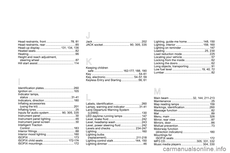 Citroen DS5 2014 1.G Owners Manual M
Jack ............................................................. 202
JACK socket ................................. 90, 305, 335
J
Lighting, guide-me home .................... 148, 150
Lighting, in