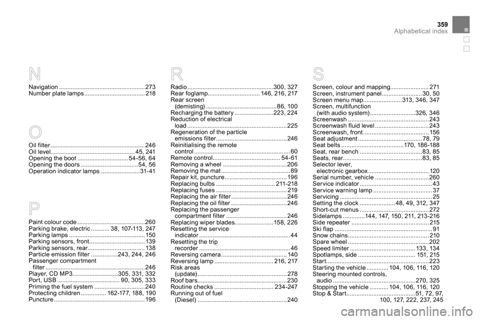 Citroen DS5 2014 1.G Owners Manual 359Alphabetical index
Oil filter ........................................................ 246
Oil level.................................................. 45, 241
Opening the boot .....................