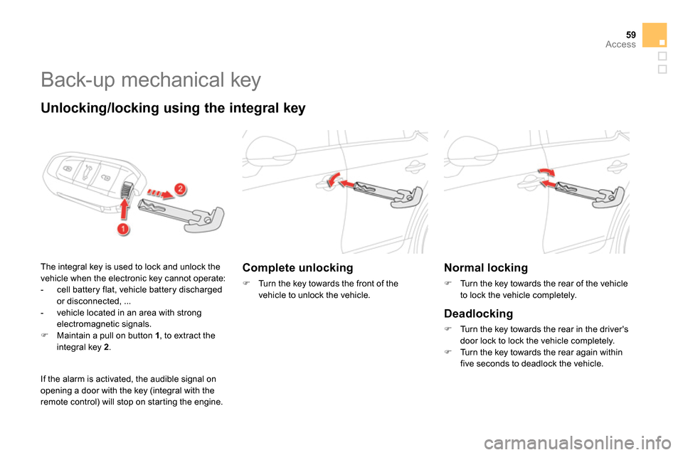 Citroen DS5 2014 1.G Owners Manual 59Access
   
 
 
 
 
Back-up mechanical key 
 
 
Unlocking/locking using the integral key 
 
The integral key is used to lock and unlock the 
vehicle when the electronic key cannot operate: 
   
 
-  