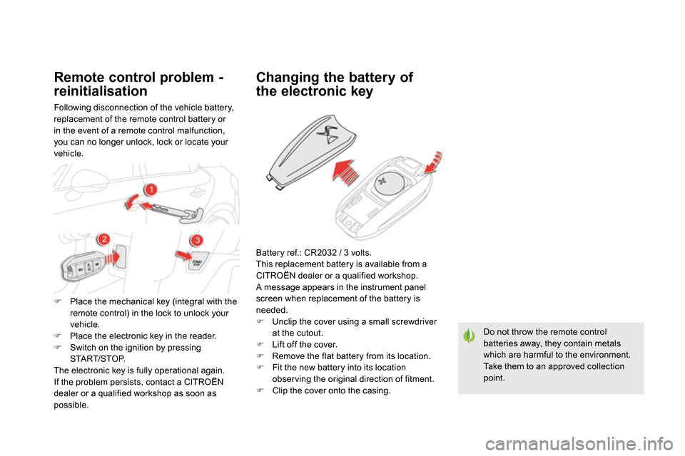 Citroen DS5 2014 1.G User Guide
Do not throw the remote control
batteries away, they contain metals
which are harmful to the environment.
Take them to an approved collection
point.
Citroen DS5 2014 1.G User Guide
Do not throw the remote control
batteries away, they contain metals
which are harmful to the environment.
Take them to an approved collection
point.