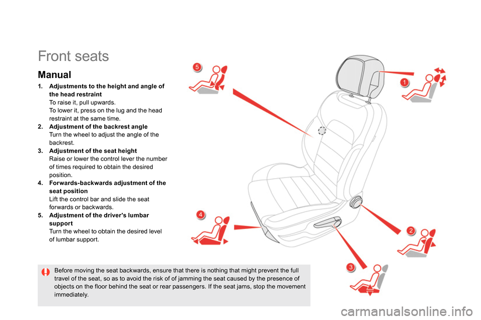 Citroen DS5 2014 1.G Owners Manual    
 
 
 
 
 
 
 
 
 
 
 
 
 
Front seats 
 
 
Manual 
 
 
 
1. 
  Adjustments to the height and angle 
  of 
the head restraint 
   
  To raise it, pull upwards.  
  To lower it, press on the lug and