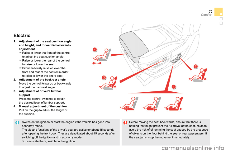 Citroen DS5 2014 1.G Owners Manual 79Comfort
   
Switch on the ignition or start the engine if the vehicle has gone into 
economy mode. 
  The electric functions of the drivers seat are active for about 45 seconds 
after opening the f