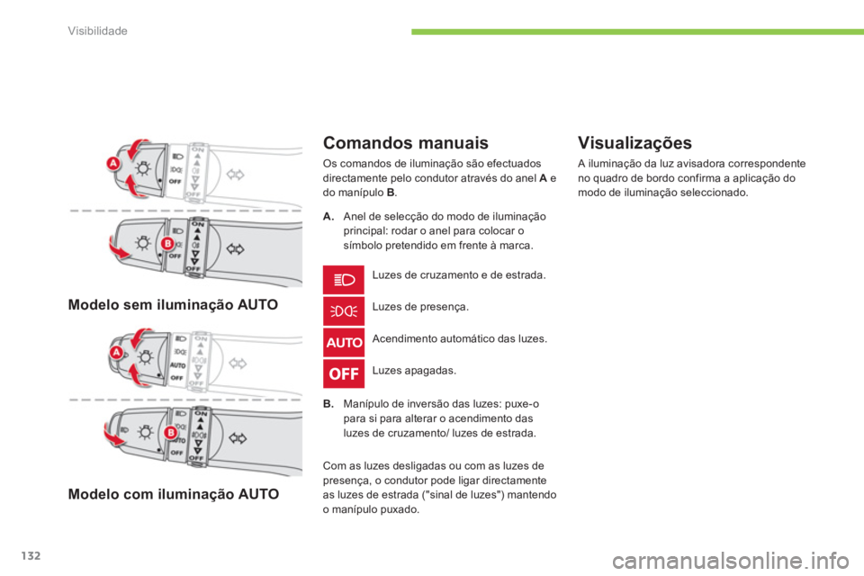 CITROEN C4 AIRCROSS 2013  Manual do condutor (in Portuguese) 132
Visibilidade
Modelo sem iluminação AUTO
Modelo com ilumina
ção AUTO  
 
 
 
Comandos manuais
 Os comandos de iluminação são efectuados
directamente pelo condutor através do anel  Ae 
do ma