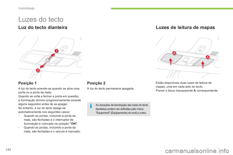 CITROEN C4 AIRCROSS 2013 Manual do condutor (in Portuguese) 142
Visibilidade
Luzes do tecto
Luz do tecto dianteira
Posição 1
A luz do tecto acende-se quando se abre uma por ta ou a por ta da mala.Quando se volta a fechar a por ta em CITROEN C4 AIRCROSS 2013 Manual do condutor (in Portuguese) 142
Visibilidade
Luzes do tecto
Luz do tecto dianteira
Posição 1
A luz do tecto acende-se quando se abre uma por ta ou a por ta da mala.Quando se volta a fechar a por ta em