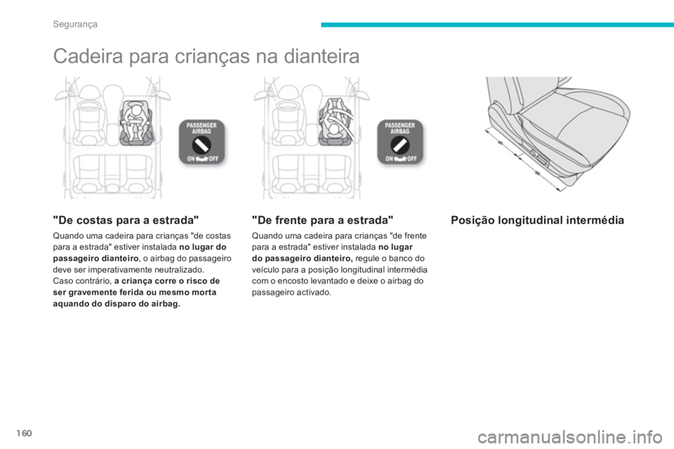 CITROEN C4 AIRCROSS 2013 Manual do condutor (in Portuguese) 160
Segurança
Cadeira para crianças na dianteira
"De costas para a estrada"
Quando uma cadeira para crianças "de costas para a estrada" estiver instalada no lugar do passageiro dianteiro
, o CITROEN C4 AIRCROSS 2013 Manual do condutor (in Portuguese) 160
Segurança
Cadeira para crianças na dianteira
"De costas para a estrada"
Quando uma cadeira para crianças "de costas para a estrada" estiver instalada no lugar do passageiro dianteiro
, o