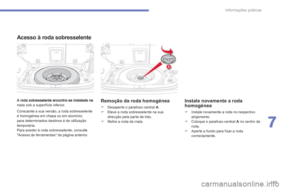 CITROEN C4 AIRCROSS 2013  Manual do condutor (in Portuguese) 175
7
Informações práticas
mala sob a superfície inferior.
  Consoante a sua versão, a roda sobresselente 
é homogénea em chapa ou em alumínio; para determinados destinos é de utilização 
t