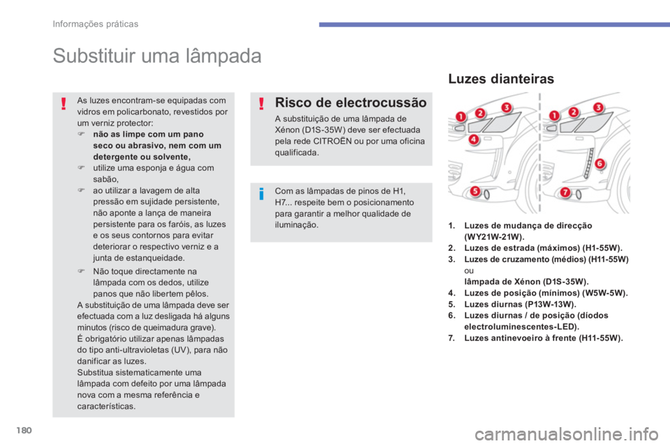 CITROEN C4 AIRCROSS 2013  Manual do condutor (in Portuguese) 180
Informações práticas
   
 
 
 
 
 
 
 
 
 
 
Substituir uma lâmpada 
Com as lâmpadas de pinos de H1,H7... respeite bem o posicionamento para garantir a melhor qualidade deiluminação.  
 As 