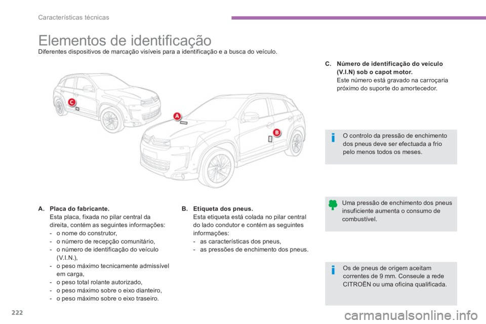 CITROEN C4 AIRCROSS 2013  Manual do condutor (in Portuguese) 222
Características técnicas
   
 
 
 
 
 
 
 
 
 
 
 
 
 
 
 
 
 
 
 
Elementos de identiﬁ cação Diferentes dispositivos de marcação visíveis para a identificação e a busca do veículo.  
