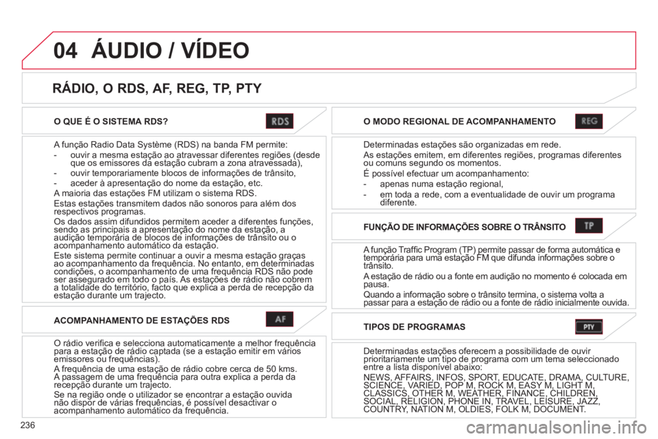 CITROEN C4 AIRCROSS 2013 Manual do condutor (in Portuguese) 236
04
O QUE É O SISTEMA RDS?
A função Radio Data Système (RDS) na banda FM permite:
- ouvir a mesma estação ao atravessar diferentes regiões (desde que os emissores da estação cubram CITROEN C4 AIRCROSS 2013 Manual do condutor (in Portuguese) 236
04
O QUE É O SISTEMA RDS?
A função Radio Data Système (RDS) na banda FM permite:
- ouvir a mesma estação ao atravessar diferentes regiões (desde que os emissores da estação cubram
