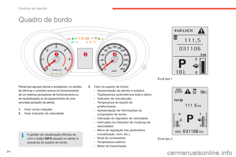 CITROEN C4 AIRCROSS 2013 Manual do condutor (in Portuguese) 24
Controlo de marcha
Quadro de bordo
1.
Visor conta-rotações.2.
Visor indicador de velocidade.
Ecrã tipo 2
3.
Visor do quadro de bordo:
- Ap CITROEN C4 AIRCROSS 2013 Manual do condutor (in Portuguese) 24
Controlo de marcha
Quadro de bordo
1.
Visor conta-rotações.2.
Visor indicador de velocidade.
Ecrã tipo 2
3.
Visor do quadro de bordo:
- Ap