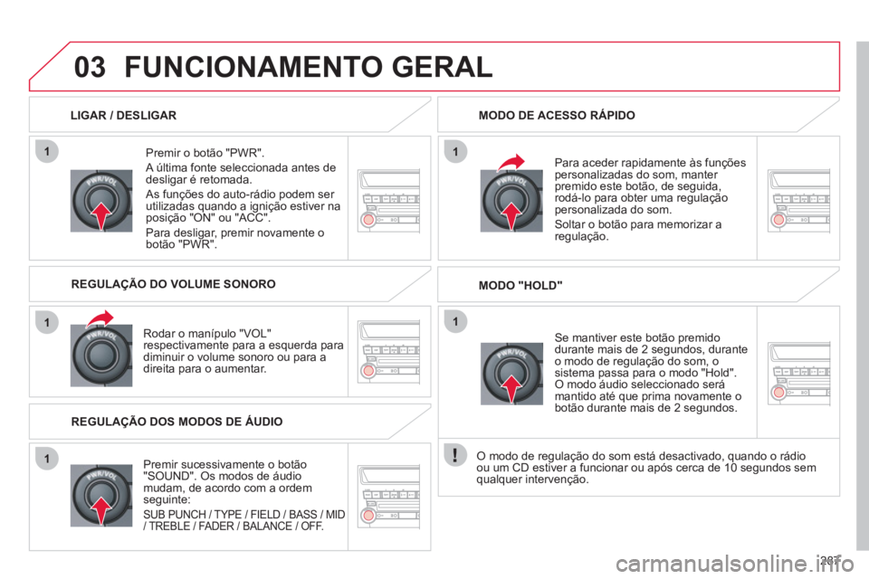 CITROEN C4 AIRCROSS 2013 Manual do condutor (in Portuguese) 287
1
1
1
11
03FUNCIONAMENTO GERAL
Premir o botão "PWR".
A última fonte seleccionada antes de
desligar é retomada.
As funções do auto-rádio podem ser utilizadas quando a ignição esti CITROEN C4 AIRCROSS 2013 Manual do condutor (in Portuguese) 287
1
1
1
11
03FUNCIONAMENTO GERAL
Premir o botão "PWR".
A última fonte seleccionada antes de
desligar é retomada.
As funções do auto-rádio podem ser utilizadas quando a ignição esti