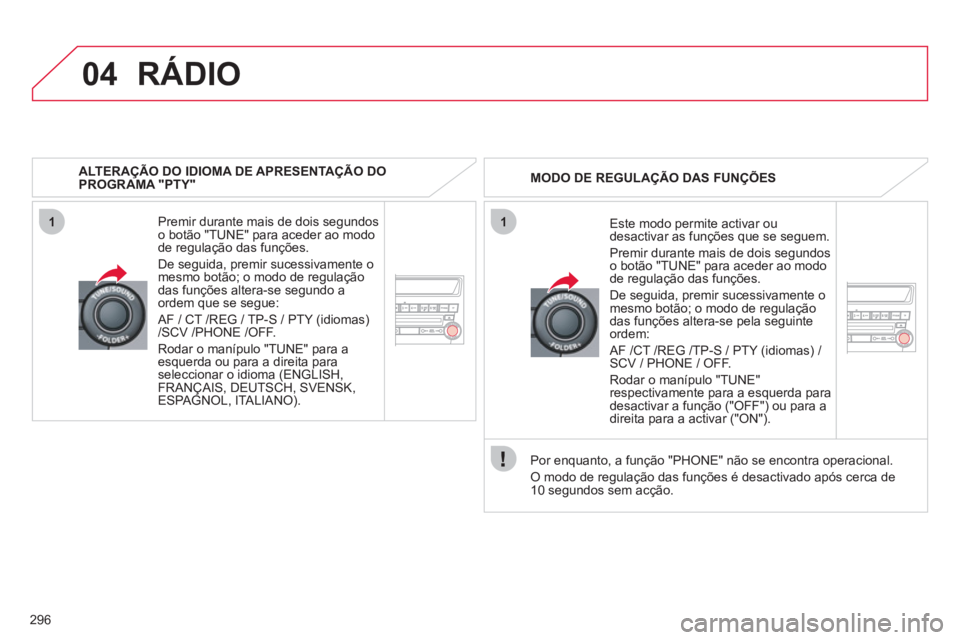 CITROEN C4 AIRCROSS 2013 Manual do condutor (in Portuguese) 296
04
11
RÁDIO
ALTERAÇÃO DO IDIOMA DE APRESENTAÇÃO DOPROGRAMA "PTY"
Premir durante mais de dois segundos
o botão "TUNE" para aceder ao modo
de regulação das
funções.
De se
guida, pr CITROEN C4 AIRCROSS 2013 Manual do condutor (in Portuguese) 296
04
11
RÁDIO
ALTERAÇÃO DO IDIOMA DE APRESENTAÇÃO DOPROGRAMA "PTY"
Premir durante mais de dois segundos
o botão "TUNE" para aceder ao modo
de regulação das
funções.
De se
guida, pr