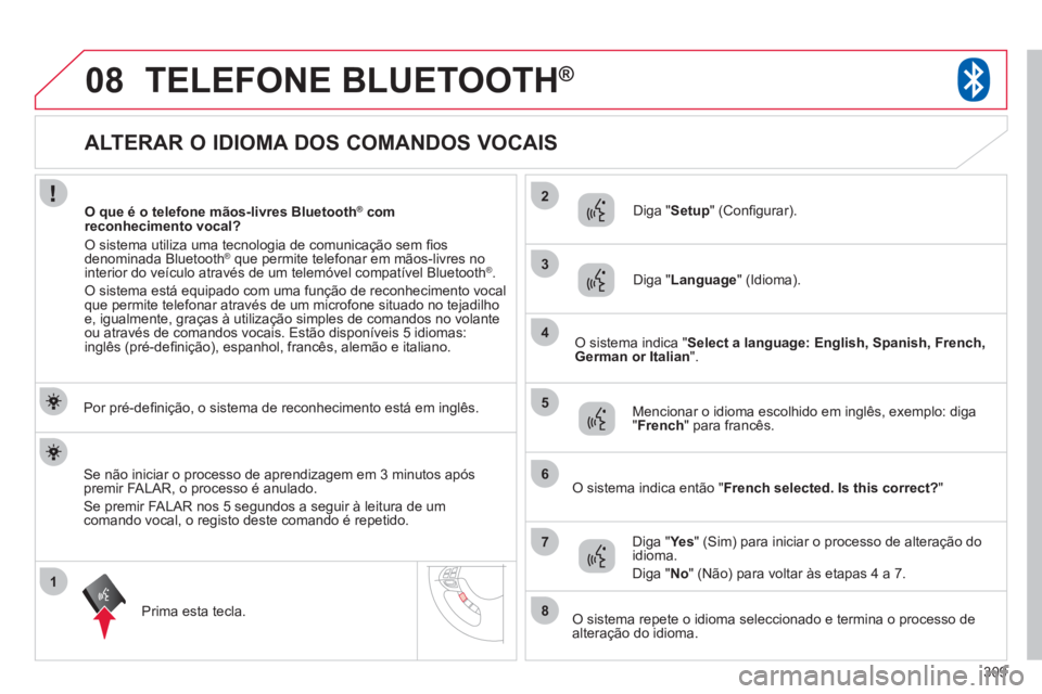 CITROEN C4 AIRCROSS 2013  Manual do condutor (in Portuguese) 309
1
2
3
08
4
5
6
7
8
   
 
 
 
 
 
 
 
 
 
 
 
 
 
 
 
 
 
ALTERAR O IDIOMA DOS COMANDOS VOCAIS 
TELEFONE BLUETOOTH®
 
 
Por pré-defi niÁ„o, o sistema de reconhecimento est· em inglÍs.  
Pri CITROEN C4 AIRCROSS 2013  Manual do condutor (in Portuguese) 309
1
2
3
08
4
5
6
7
8
   
 
 
 
 
 
 
 
 
 
 
 
 
 
 
 
 
 
ALTERAR O IDIOMA DOS COMANDOS VOCAIS 
TELEFONE BLUETOOTH®
 
 
Por pré-defi niÁ„o, o sistema de reconhecimento est· em inglÍs.  
Pri