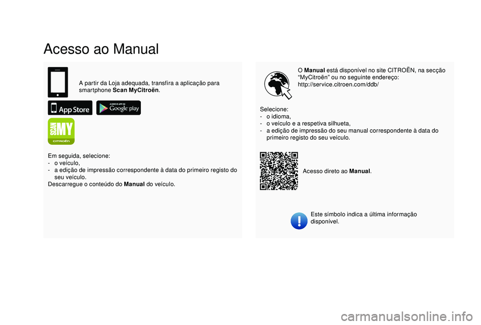CITROEN C4 CACTUS 2019 Manual do condutor (in Portuguese) Acesso ao Manual
O Manual está disponível no site CITROËN, na secção
“MyCitroën” ou no seguinte endereço:
http://service.citroen.com/ddb/
Este símbolo indica a última informação
dispo CITROEN C4 CACTUS 2019 Manual do condutor (in Portuguese) Acesso ao Manual
O Manual está disponível no site CITROËN, na secção
“MyCitroën” ou no seguinte endereço:
http://service.citroen.com/ddb/
Este símbolo indica a última informação
dispo