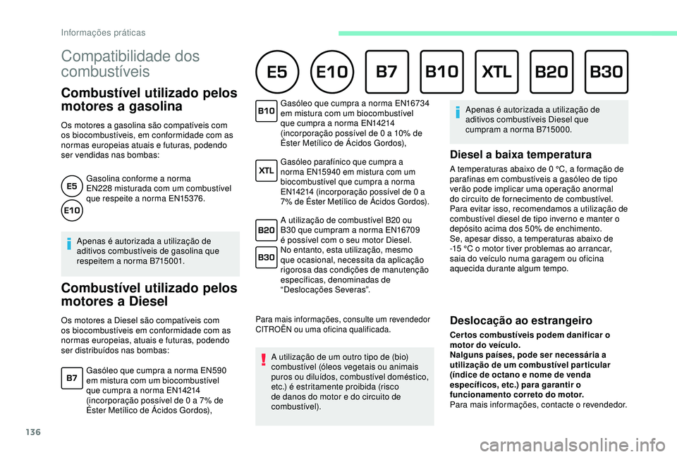 CITROEN C4 CACTUS 2019 Manual do condutor (in Portuguese) 136
Compatibilidade dos
combustíveis
Combustível utilizado pelos
motores a gasolina
Os motores a gasolina são compatíveis com
os biocombustíveis, em conformidade com as
normas europeias atua CITROEN C4 CACTUS 2019 Manual do condutor (in Portuguese) 136
Compatibilidade dos
combustíveis
Combustível utilizado pelos
motores a gasolina
Os motores a gasolina são compatíveis com
os biocombustíveis, em conformidade com as
normas europeias atua