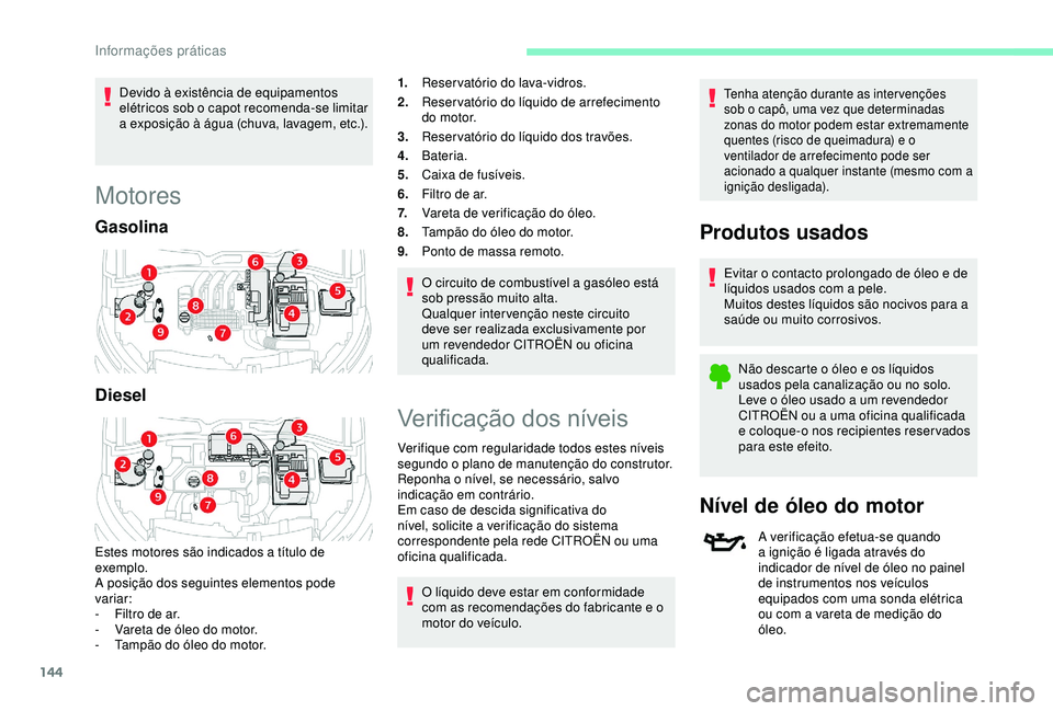 CITROEN C4 CACTUS 2019 Manual do condutor (in Portuguese) 144
Devido à existência de equipamentos
elétricos sob o capot recomenda-se limitar
a exposição à água (chuva, lavagem, etc.).
Motores
Gasolina
Diesel
Estes motores são indicados a título de CITROEN C4 CACTUS 2019 Manual do condutor (in Portuguese) 144
Devido à existência de equipamentos
elétricos sob o capot recomenda-se limitar
a exposição à água (chuva, lavagem, etc.).
Motores
Gasolina
Diesel
Estes motores são indicados a título de