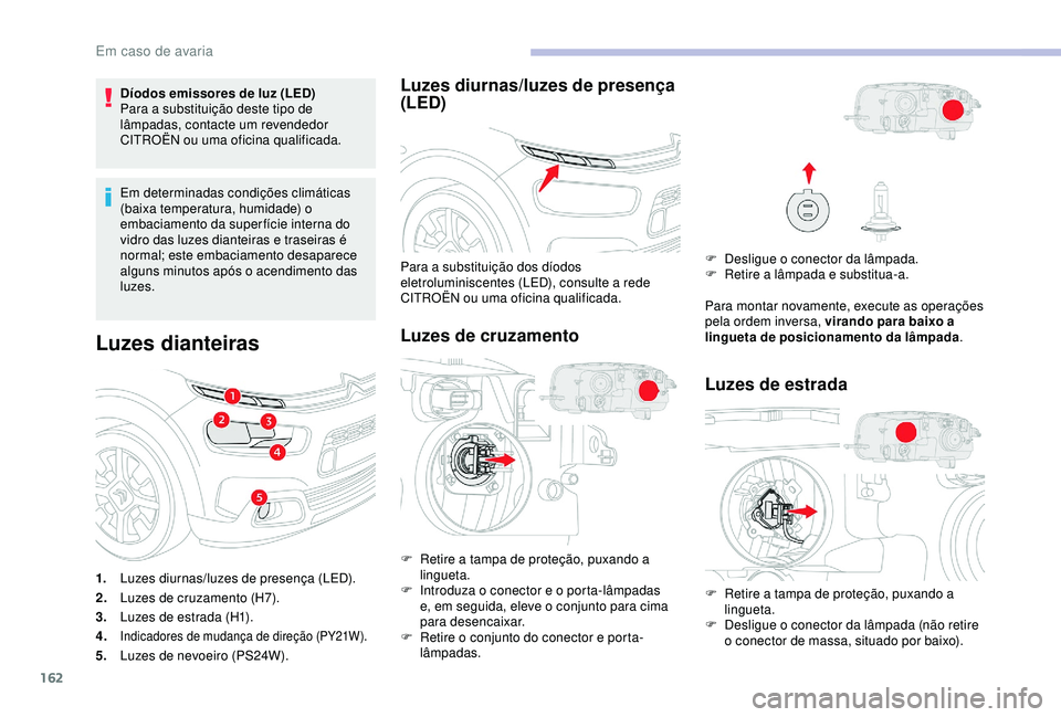 CITROEN C4 CACTUS 2019 Manual do condutor (in Portuguese) 162
Díodos emissores de luz (LED)
Para a substituição deste tipo de
lâmpadas, contacte um revendedor
CITROËN ou uma oficina qualificada.
Em determinadas condições climáticas
(baixa temperat CITROEN C4 CACTUS 2019 Manual do condutor (in Portuguese) 162
Díodos emissores de luz (LED)
Para a substituição deste tipo de
lâmpadas, contacte um revendedor
CITROËN ou uma oficina qualificada.
Em determinadas condições climáticas
(baixa temperat