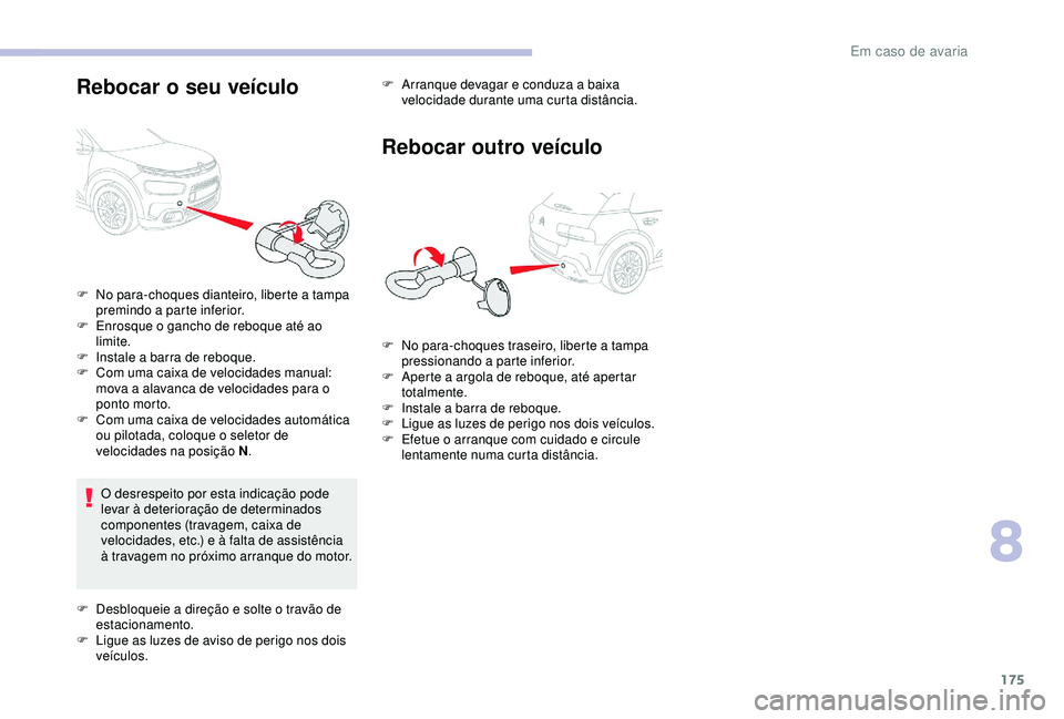 CITROEN C4 CACTUS 2019 Manual do condutor (in Portuguese) 175
Rebocar o seu veículo
O desrespeito por esta indicação pode
levar à deterioração de determinados
componentes (travagem, caixa de
velocidades, etc.) e à falta de assistência
à travagem CITROEN C4 CACTUS 2019 Manual do condutor (in Portuguese) 175
Rebocar o seu veículo
O desrespeito por esta indicação pode
levar à deterioração de determinados
componentes (travagem, caixa de
velocidades, etc.) e à falta de assistência
à travagem
