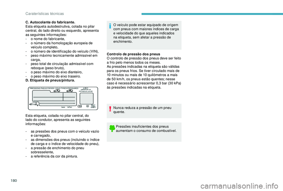 CITROEN C4 CACTUS 2019 Manual do condutor (in Portuguese) 180
O veículo pode estar equipado de origem
com pneus com maiores índices de carga
e velocidade do que aqueles indicados
na etiqueta, sem afetar a pressão de
enchimento.
Controlo de pressão do CITROEN C4 CACTUS 2019 Manual do condutor (in Portuguese) 180
O veículo pode estar equipado de origem
com pneus com maiores índices de carga
e velocidade do que aqueles indicados
na etiqueta, sem afetar a pressão de
enchimento.
Controlo de pressão do