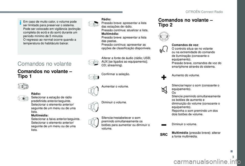CITROEN C4 CACTUS 2019 Manual do condutor (in Portuguese) 3
Em caso de muito calor, o volume pode
ser limitado para preservar o sistema.
Pode ser colocado em vigilância (extinção
completa do ecrã e do som) durante um
período mínimo de 5 minutos
O CITROEN C4 CACTUS 2019 Manual do condutor (in Portuguese) 3
Em caso de muito calor, o volume pode
ser limitado para preservar o sistema.
Pode ser colocado em vigilância (extinção
completa do ecrã e do som) durante um
período mínimo de 5 minutos
O