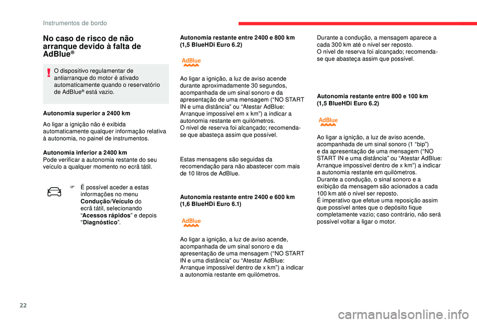 CITROEN C4 CACTUS 2019 Manual do condutor (in Portuguese) 22
Autonomia restante entre 2400 e 600 km
( 1,6 BlueHDi Euro 6.1) Autonomia restante entre 800 e 100
km
(1,5 BlueHDi Euro 6.2)
No caso de risco de não
arranque devido à falta de
AdBlue
®
O CITROEN C4 CACTUS 2019 Manual do condutor (in Portuguese) 22
Autonomia restante entre 2400 e 600 km
( 1,6 BlueHDi Euro 6.1) Autonomia restante entre 800 e 100
km
(1,5 BlueHDi Euro 6.2)
No caso de risco de não
arranque devido à falta de
AdBlue
®
O