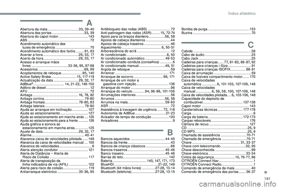 CITROEN C4 CACTUS 2019 Manual do condutor (in Portuguese) 181
AAbertura da mala ................................33, 39-40
Abertura das portas .................................. 33,
39
Abertura do capot motor
...............................143
ABS
...... CITROEN C4 CACTUS 2019 Manual do condutor (in Portuguese) 181
AAbertura da mala ................................33, 39-40
Abertura das portas .................................. 33,
39
Abertura do capot motor
...............................143
ABS
......