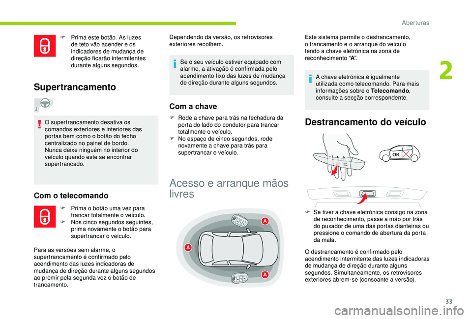 CITROEN C4 CACTUS 2019 Manual do condutor (in Portuguese) 33
F Prima este botão. As luzes de teto vão acender e os
indicadores de mudança de
direção ficarão intermitentes
durante alguns segundos.
Supertrancamento
O supertrancamento desativa os
coma CITROEN C4 CACTUS 2019 Manual do condutor (in Portuguese) 33
F Prima este botão. As luzes de teto vão acender e os
indicadores de mudança de
direção ficarão intermitentes
durante alguns segundos.
Supertrancamento
O supertrancamento desativa os
coma