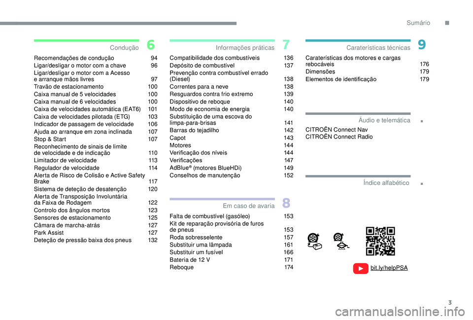 CITROEN C4 CACTUS 2019  Manual do condutor (in Portuguese) 3
.
.
Recomendações de condução 94
Ligar/desligar o motor com a chave  9 6
Ligar/desligar o motor com a Acesso  
e arranque mãos livres
 
9
 7
Travão de estacionamento
 
1
 00
Caixa manual de 5 