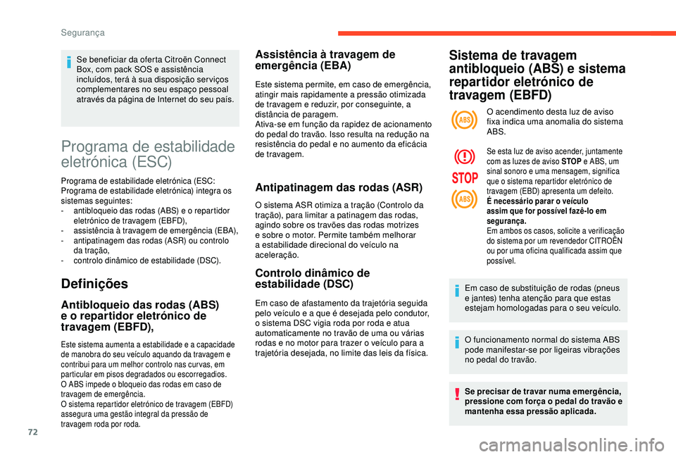 CITROEN C4 CACTUS 2019 Manual do condutor (in Portuguese) 72
Programa de estabilidade
eletrónica (ESC)
Programa de estabilidade eletrónica (ESC:
Programa de estabilidade eletrónica) integra os
sistemas seguintes:
-
a
ntibloqueio das rodas (ABS) e o r CITROEN C4 CACTUS 2019 Manual do condutor (in Portuguese) 72
Programa de estabilidade
eletrónica (ESC)
Programa de estabilidade eletrónica (ESC:
Programa de estabilidade eletrónica) integra os
sistemas seguintes:
-
a
ntibloqueio das rodas (ABS) e o r