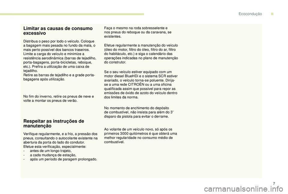 CITROEN C4 CACTUS 2019 Manual do condutor (in Portuguese) 7
Limitar as causas de consumo
excessivo
Distribua o peso por todo o veículo. Coloque
a bagagem mais pesada no fundo da mala, o
mais perto possível dos bancos traseiros.
Limite a carga do veícul CITROEN C4 CACTUS 2019 Manual do condutor (in Portuguese) 7
Limitar as causas de consumo
excessivo
Distribua o peso por todo o veículo. Coloque
a bagagem mais pesada no fundo da mala, o
mais perto possível dos bancos traseiros.
Limite a carga do veícul