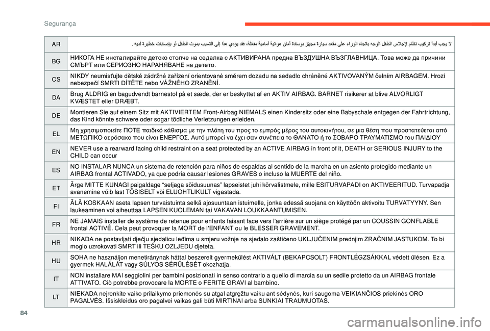 CITROEN C4 CACTUS 2019 Manual do condutor (in Portuguese) 84
AR
BG НИКОГА НЕ инсталирайте детско столче на седалка с АКТИВИРАНА предна ВЪЗДУШНА ВЪЗГЛАВНИЦА. Това може да CITROEN C4 CACTUS 2019 Manual do condutor (in Portuguese) 84
AR
BG НИКОГА НЕ инсталирайте детско столче на седалка с АКТИВИРАНА предна ВЪЗДУШНА ВЪЗГЛАВНИЦА. Това може да