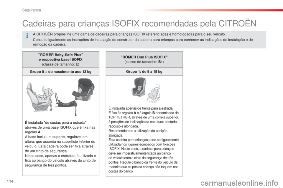 CITROEN C4 CACTUS 2018 Manual do condutor (in Portuguese) 114
C4-cactus_pt_Chap05_securite_ed01-2016
Cadeiras para crianças ISOFIX recomendadas pela CITROËN
"RÖMER Baby- Safe Plus" e respectiva base ISOFIX (classe de tamanho: E )
Grupo 0+: do na CITROEN C4 CACTUS 2018 Manual do condutor (in Portuguese) 114
C4-cactus_pt_Chap05_securite_ed01-2016
Cadeiras para crianças ISOFIX recomendadas pela CITROËN
"RÖMER Baby- Safe Plus" e respectiva base ISOFIX (classe de tamanho: E )
Grupo 0+: do na