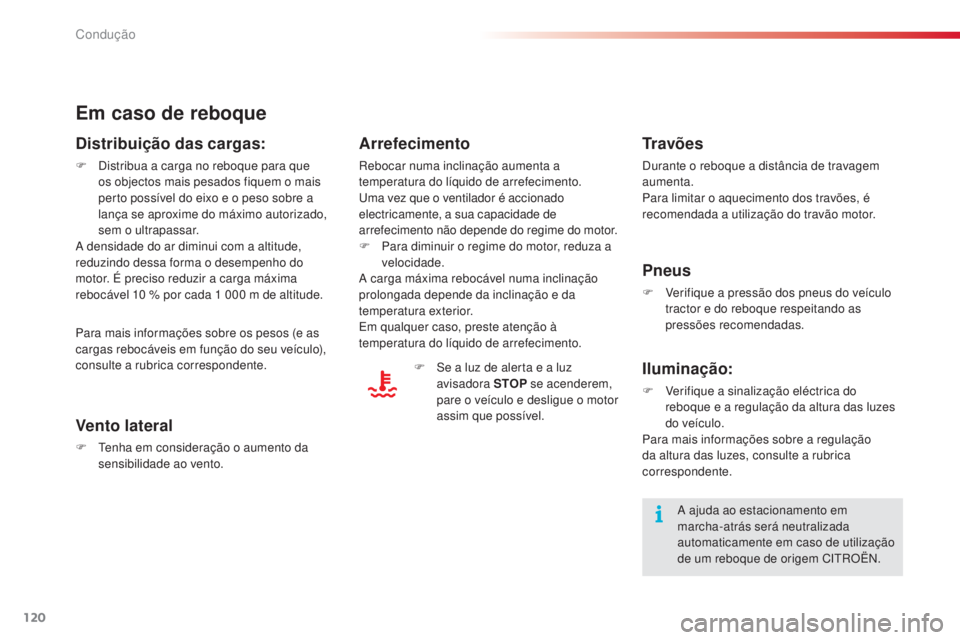 CITROEN C4 CACTUS 2018 Manual do condutor (in Portuguese) 120
C4-cactus_pt_Chap06_conduite_ed01-2016
Em caso de reboque
Distribuição das cargas:
F Distribua a carga no reboque para que
os objectos mais pesados fiquem o mais
perto possível do eixo e o pe CITROEN C4 CACTUS 2018 Manual do condutor (in Portuguese) 120
C4-cactus_pt_Chap06_conduite_ed01-2016
Em caso de reboque
Distribuição das cargas:
F Distribua a carga no reboque para que
os objectos mais pesados fiquem o mais
perto possível do eixo e o pe