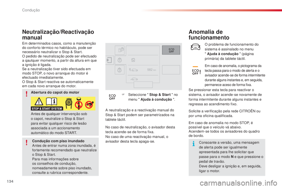 CITROEN C4 CACTUS 2018  Manual do condutor (in Portuguese) 134
C4-cactus_pt_Chap06_conduite_ed01-2016
O problema de funcionamento do 
sistema é assinalado no menu 
" Ajuda à condução " (página 
primária) da tablete táctil.
Anomalia de  
funcion