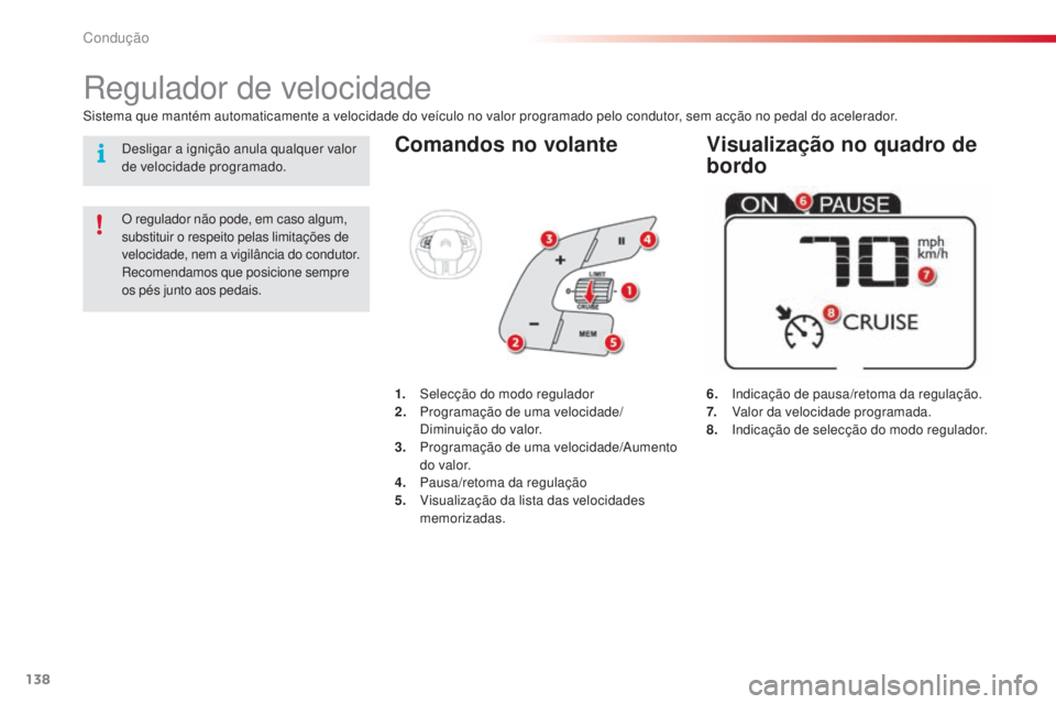 CITROEN C4 CACTUS 2018  Manual do condutor (in Portuguese) 138
C4-cactus_pt_Chap06_conduite_ed01-2016
Comandos no volante
6.  Indicação de pausa/retoma da regulação.
7.   Va
lor da velocidade programada.
8.  
 In

dicação de selecção do modo regulador