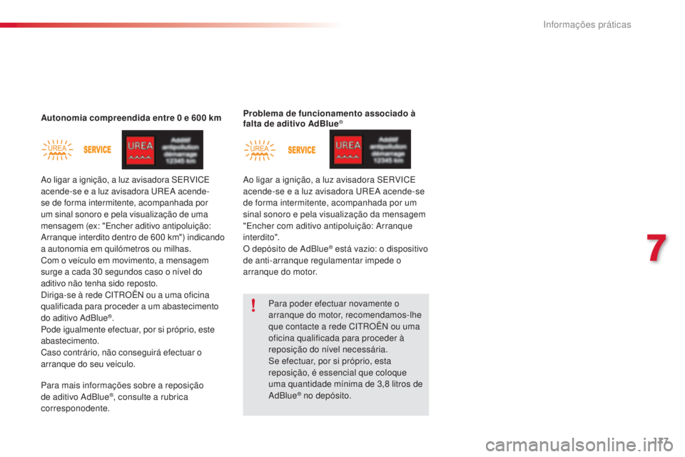 CITROEN C4 CACTUS 2018 Manual do condutor (in Portuguese) 177
C4-cactus_pt_Chap07_info-pratiques_ed01-2016
Autonomia compreendida entre 0 e 600 k mProblema de funcionamento associado à
falta de aditivo AdBlue®
Para poder efectuar novamente o
arranque do CITROEN C4 CACTUS 2018 Manual do condutor (in Portuguese) 177
C4-cactus_pt_Chap07_info-pratiques_ed01-2016
Autonomia compreendida entre 0 e 600 k mProblema de funcionamento associado à
falta de aditivo AdBlue®
Para poder efectuar novamente o
arranque do