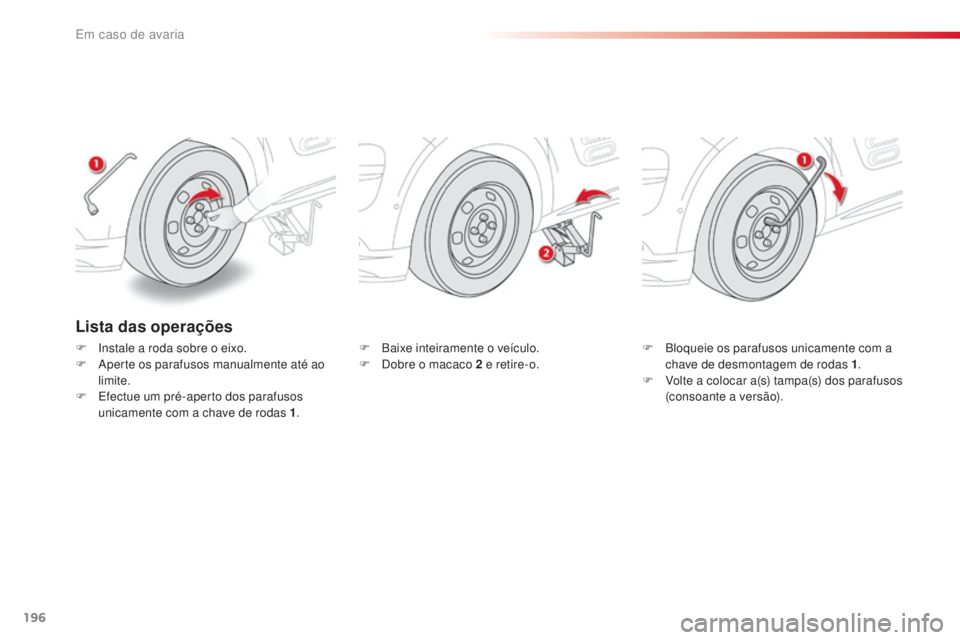 CITROEN C4 CACTUS 2018 Manual do condutor (in Portuguese) 196
C4-cactus_pt_Chap08_En-cas-de-panne_ed01-2016
Lista das operações
F Instale a roda sobre o eixo.
F Ap erte os parafusos manualmente até ao
limite.
F
Ef
ectue um pré-aperto dos parafusos
un CITROEN C4 CACTUS 2018 Manual do condutor (in Portuguese) 196
C4-cactus_pt_Chap08_En-cas-de-panne_ed01-2016
Lista das operações
F Instale a roda sobre o eixo.
F Ap erte os parafusos manualmente até ao
limite.
F
Ef
ectue um pré-aperto dos parafusos
un