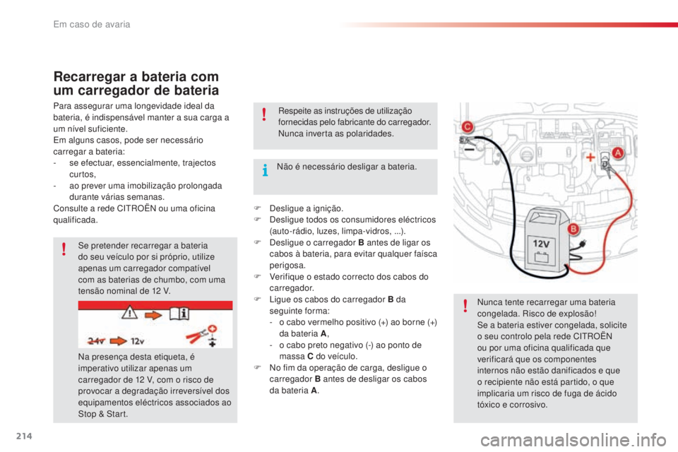 CITROEN C4 CACTUS 2018 Manual do condutor (in Portuguese) 214
C4-cactus_pt_Chap08_En-cas-de-panne_ed01-2016
Recarregar a bateria com
um carregador de bateria
Para assegurar uma longevidade ideal da
bateria, é indispensável manter a sua carga a
um nível CITROEN C4 CACTUS 2018 Manual do condutor (in Portuguese) 214
C4-cactus_pt_Chap08_En-cas-de-panne_ed01-2016
Recarregar a bateria com
um carregador de bateria
Para assegurar uma longevidade ideal da
bateria, é indispensável manter a sua carga a
um nível