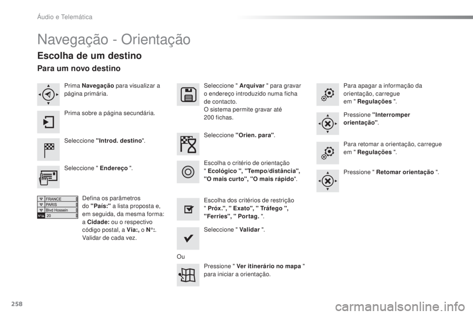 CITROEN C4 CACTUS 2018 Manual do condutor (in Portuguese) 258
C4-cactus_pt_Chap10b_SMEGplus_ed01-2016
Navegação - Orientação
Escolha de um destino
Seleccione "Introd. destino".Seleccione " Arquivar
" para gravar
o endereço introduzido CITROEN C4 CACTUS 2018 Manual do condutor (in Portuguese) 258
C4-cactus_pt_Chap10b_SMEGplus_ed01-2016
Navegação - Orientação
Escolha de um destino
Seleccione "Introd. destino".Seleccione " Arquivar
" para gravar
o endereço introduzido