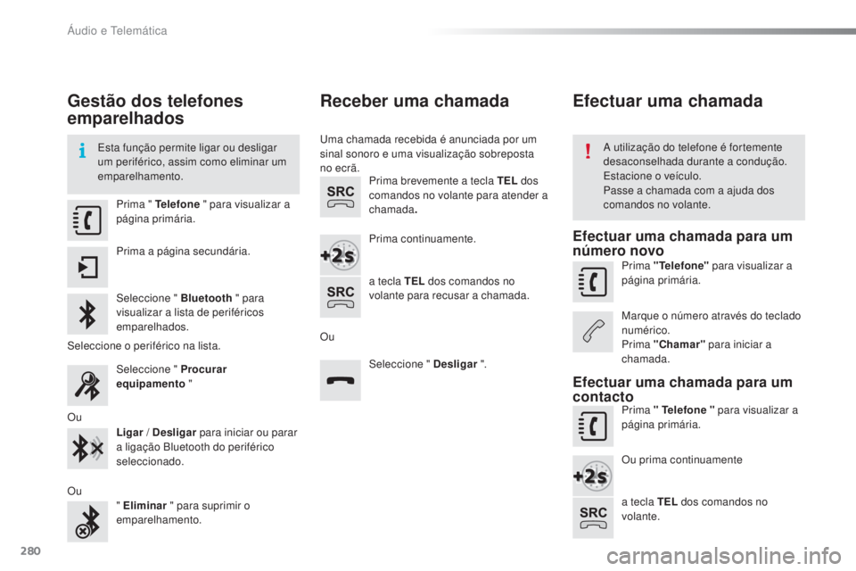 CITROEN C4 CACTUS 2018 Manual do condutor (in Portuguese) 280
C4-cactus_pt_Chap10b_SMEGplus_ed01-2016
Gestão dos telefones
emparelhados
Esta função permite ligar ou desligar
um periférico, assim como eliminar um
emparelhamento.A utilização do telefo CITROEN C4 CACTUS 2018 Manual do condutor (in Portuguese) 280
C4-cactus_pt_Chap10b_SMEGplus_ed01-2016
Gestão dos telefones
emparelhados
Esta função permite ligar ou desligar
um periférico, assim como eliminar um
emparelhamento.A utilização do telefo