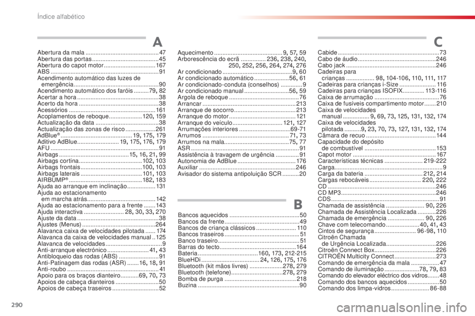 CITROEN C4 CACTUS 2018 Manual do condutor (in Portuguese) 290
C4-cactus_pt_Chap11_index-alpha_ed01-2016
Abertura da mala ............................................47
Ab ertura das portas ........................................ 45
A
bertura do capot motor
CITROEN C4 CACTUS 2018 Manual do condutor (in Portuguese) 290
C4-cactus_pt_Chap11_index-alpha_ed01-2016
Abertura da mala ............................................47
Ab ertura das portas ........................................ 45
A
bertura do capot motor