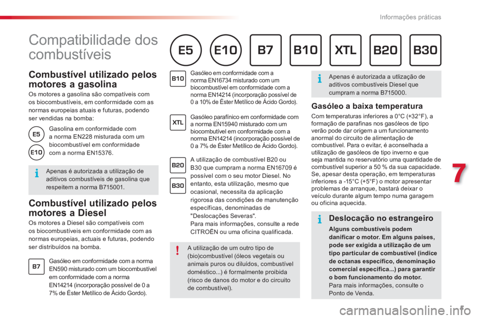CITROEN C4 CACTUS 2018 Manual do condutor (in Portuguese) 5
7
Informações práticas
Combustível utilizado pelos
motores a gasolina
Os motores a gasolina são compatíveis com
os biocombustíveis, em conformidade com as
normas e CITROEN C4 CACTUS 2018 Manual do condutor (in Portuguese) 5
7
Informações práticas
Combustível utilizado pelos
motores a gasolina
Os motores a gasolina são compatíveis com
os biocombustíveis, em conformidade com as
normas e