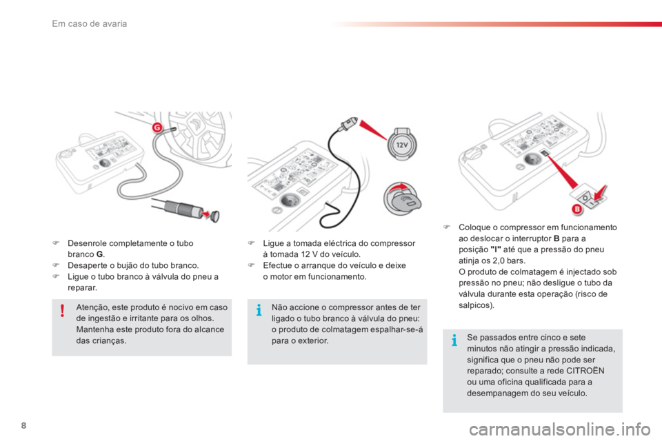 CITROEN C4 CACTUS 2018  Manual do condutor (in Portuguese) 8
Em caso de avaria
   
 
 
�) 
  Desenrole completamente o tubo 
branco  G 
. 
   
�) 
  Desaperte o bujão do tubo branco. 
   
�) 
  Ligue o tubo branco à válvula do pneu a 
reparar.  
    
 
 
�