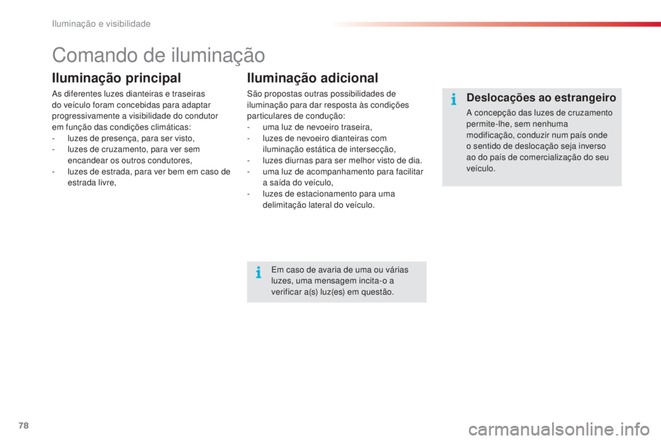 CITROEN C4 CACTUS 2018 Manual do condutor (in Portuguese) 78
C4-cactus_pt_Chap04_Eclairage-et-visibilite_ed01-2016
Comando de iluminação
Iluminação principal
As diferentes luzes dianteiras e traseiras
do veículo foram concebidas para adaptar
progressi CITROEN C4 CACTUS 2018 Manual do condutor (in Portuguese) 78
C4-cactus_pt_Chap04_Eclairage-et-visibilite_ed01-2016
Comando de iluminação
Iluminação principal
As diferentes luzes dianteiras e traseiras
do veículo foram concebidas para adaptar
progressi