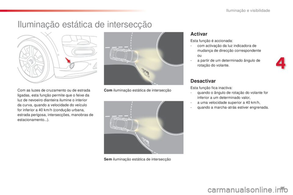 CITROEN C4 CACTUS 2018 Manual do condutor (in Portuguese) 85
C4-cactus_pt_Chap04_Eclairage-et-visibilite_ed01-2016
Iluminação estática de intersecção
Com as luzes de cruzamento ou de estrada
ligadas, esta função permite que o feixe da
luz de nevoeir CITROEN C4 CACTUS 2018 Manual do condutor (in Portuguese) 85
C4-cactus_pt_Chap04_Eclairage-et-visibilite_ed01-2016
Iluminação estática de intersecção
Com as luzes de cruzamento ou de estrada
ligadas, esta função permite que o feixe da
luz de nevoeir