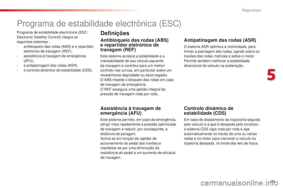 CITROEN C4 CACTUS 2018 Manual do condutor (in Portuguese) 91
C4-cactus_pt_Chap05_securite_ed01-2016
Programa de estabilidade electrónica (ESC:
Electronic Stability Control) integra os
seguintes sistemas :
-
an
tibloqueio das rodas (ABS) e o repartidor
e CITROEN C4 CACTUS 2018 Manual do condutor (in Portuguese) 91
C4-cactus_pt_Chap05_securite_ed01-2016
Programa de estabilidade electrónica (ESC:
Electronic Stability Control) integra os
seguintes sistemas :
-
an
tibloqueio das rodas (ABS) e o repartidor
e