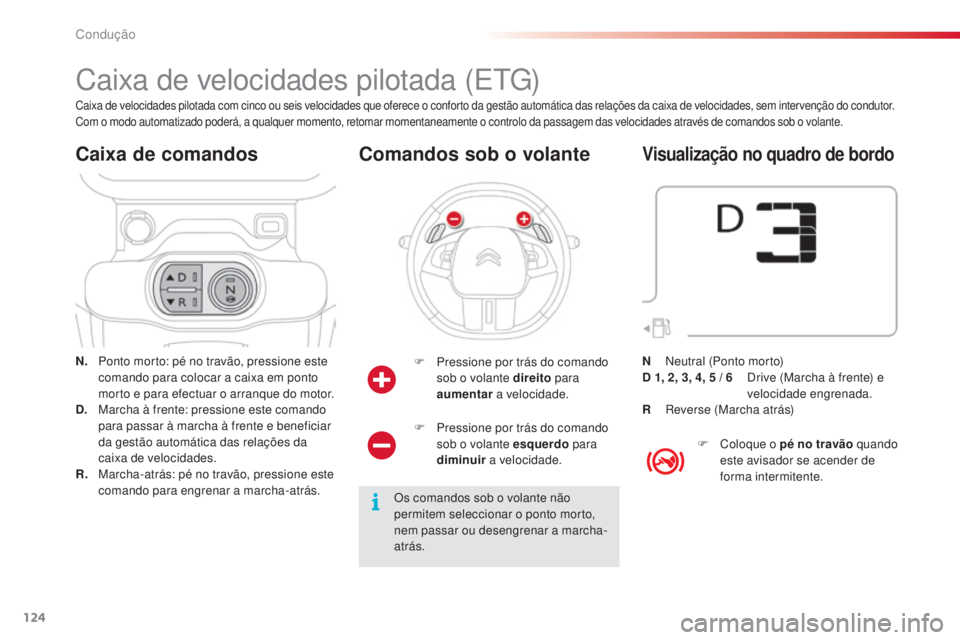 CITROEN C4 CACTUS 2016 Manual do condutor (in Portuguese) 124
C4-cactus_pt_Chap06_conduite_ed01-2015
Caixa de velocidades pilotada (ETG)
N. Ponto morto: pé no travão, pressione este comando para colocar a caixa em ponto
morto e para efectuar o arranque do CITROEN C4 CACTUS 2016 Manual do condutor (in Portuguese) 124
C4-cactus_pt_Chap06_conduite_ed01-2015
Caixa de velocidades pilotada (ETG)
N. Ponto morto: pé no travão, pressione este comando para colocar a caixa em ponto
morto e para efectuar o arranque do