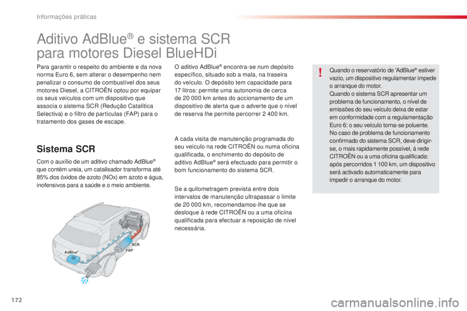 CITROEN C4 CACTUS 2016  Manual do condutor (in Portuguese) 172
C4-cactus_pt_Chap07_info-pratiques_ed01-2015
Aditivo AdBlue® e sistema SCR
para motores Diesel BlueHDi
Para garantir o respeito do ambiente e da nova 
norma Euro 6, sem alterar o desempenho nem 
