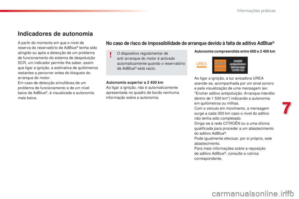 CITROEN C4 CACTUS 2016  Manual do condutor (in Portuguese) 173
C4-cactus_pt_Chap07_info-pratiques_ed01-2015
Indicadores de autonomia
A partir do momento em que o nível de 
reserva do reservatório de AdBlue® tenha sido 
atingido ou após a detecção de um 