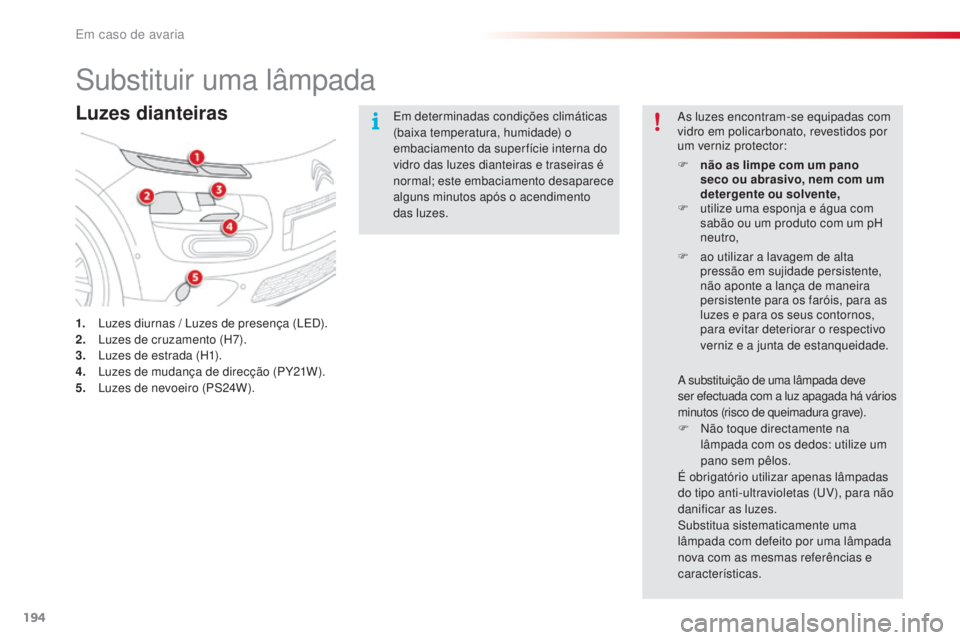 CITROEN C4 CACTUS 2016 Manual do condutor (in Portuguese) 194
C4-cactus_pt_Chap08_En-cas-de-panne_ed01-2015
Substituir uma lâmpada
Luzes dianteiras
1. Luzes diurnas / Luzes de presença (LED).
2. Luzes de cruzamento (H7).
3.
L
uzes de estrada (H1).
4.
L
CITROEN C4 CACTUS 2016 Manual do condutor (in Portuguese) 194
C4-cactus_pt_Chap08_En-cas-de-panne_ed01-2015
Substituir uma lâmpada
Luzes dianteiras
1. Luzes diurnas / Luzes de presença (LED).
2. Luzes de cruzamento (H7).
3.
L
uzes de estrada (H1).
4.
L